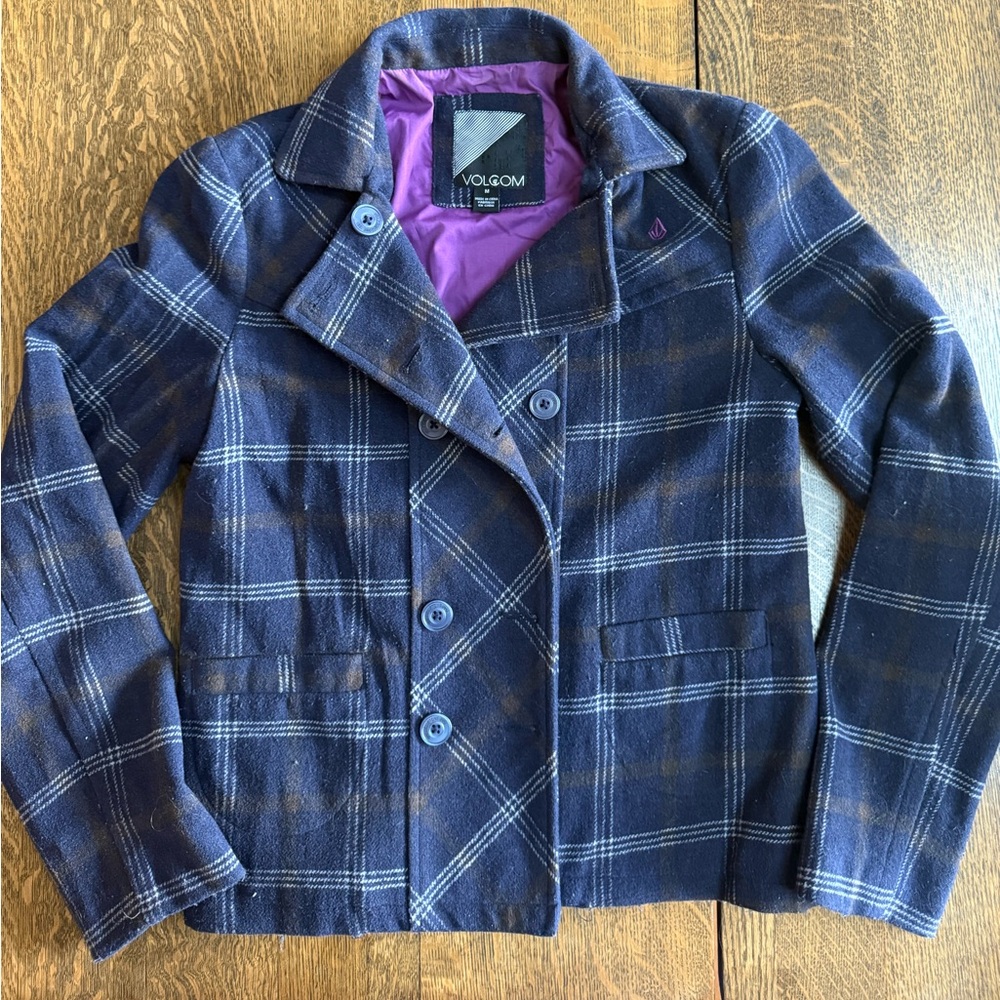 Volcom Women's Blue Checkered Pea Coat